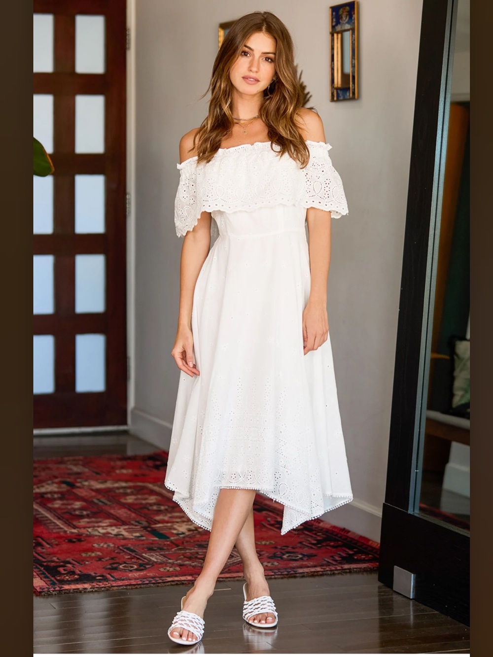 Lulu’s Send My Love White Eyelet Lace Off-the-Shoulder Midi Dress